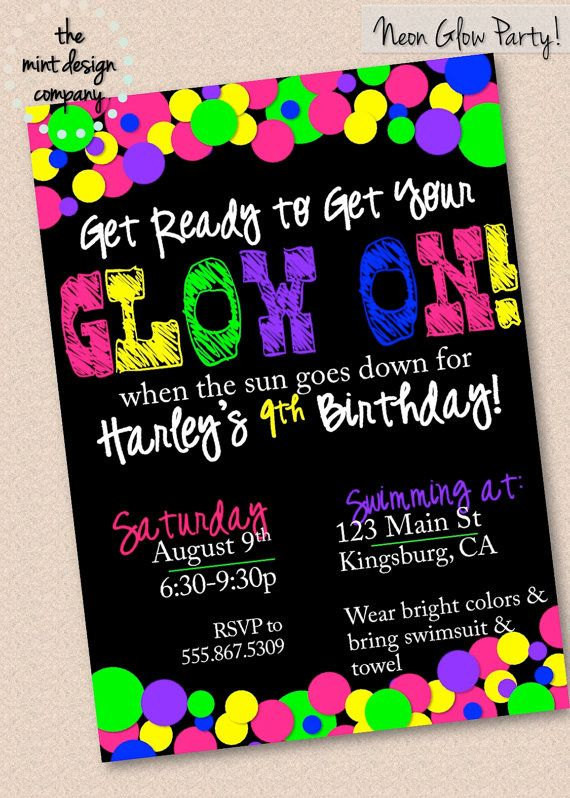 Neon Birthday Invitations
 Neon Glow in the Dark Birthday Party Invitation by