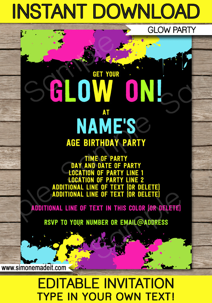 Neon Birthday Invitations
 Neon Glow Party Invitations Template