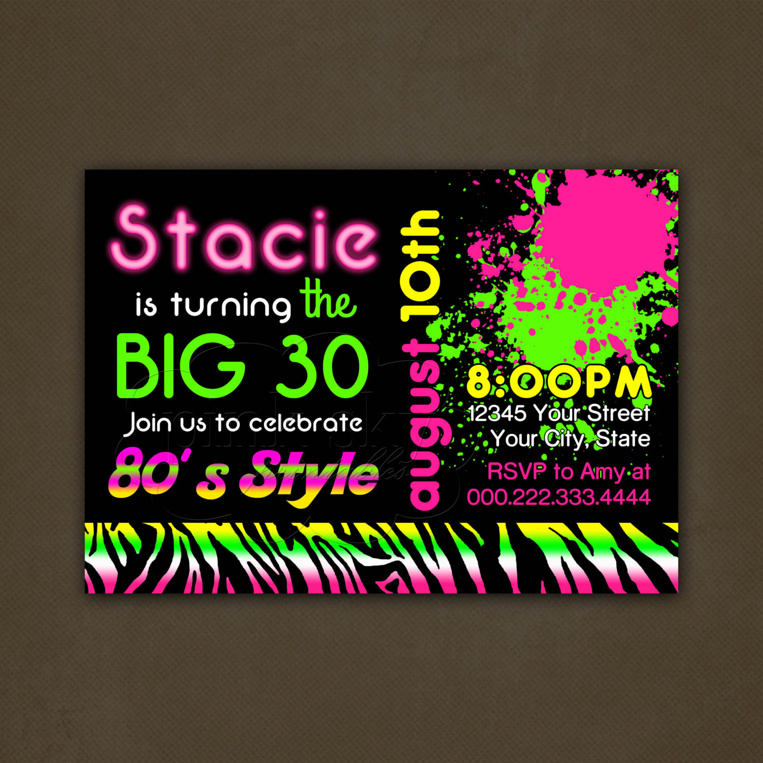 Neon Birthday Invitations
 80 s Adult Birthday Party Invitations Printable File Neon