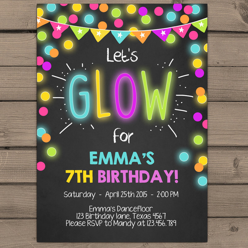 Neon Birthday Invitations
 Neon Glow Party invitation Glow birthday invitation Glow in