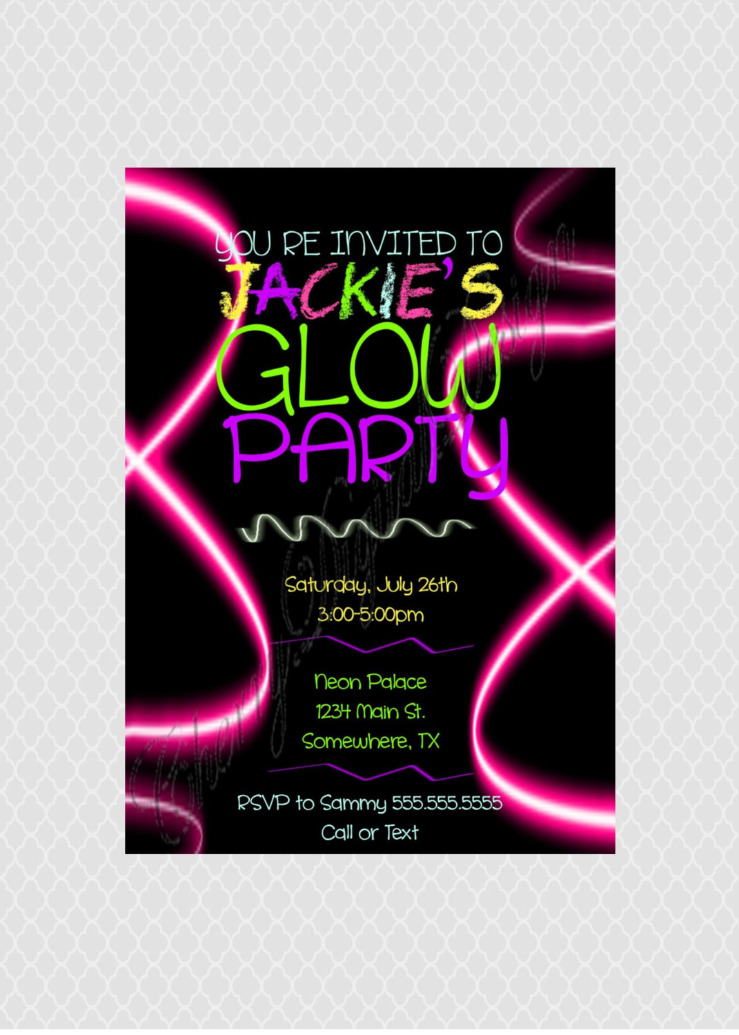 Neon Birthday Invitations
 PRINTED or PRINTABLE Neon Glow Party Invitation Glow Birthday