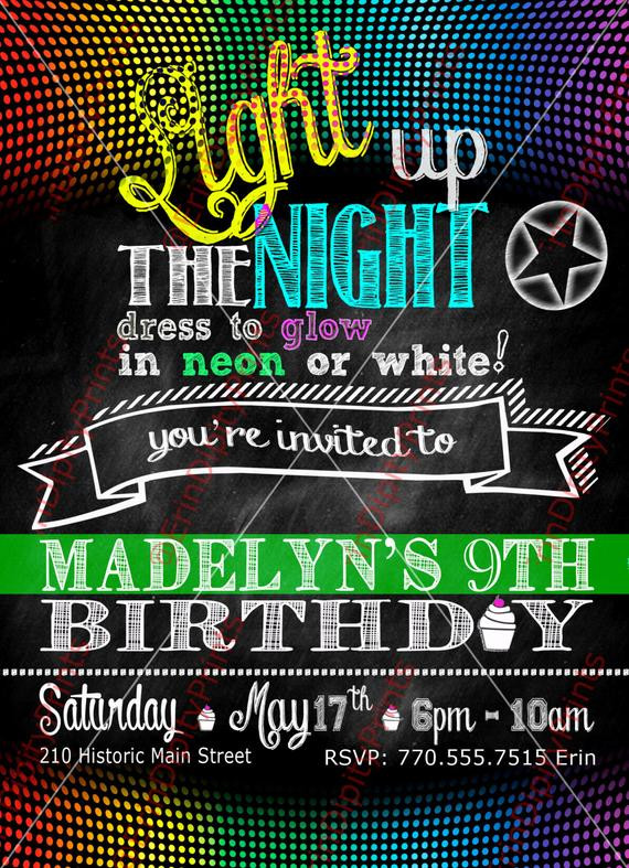 Neon Birthday Invitations
 Neon Glow Birthday Party Invitation Digital by