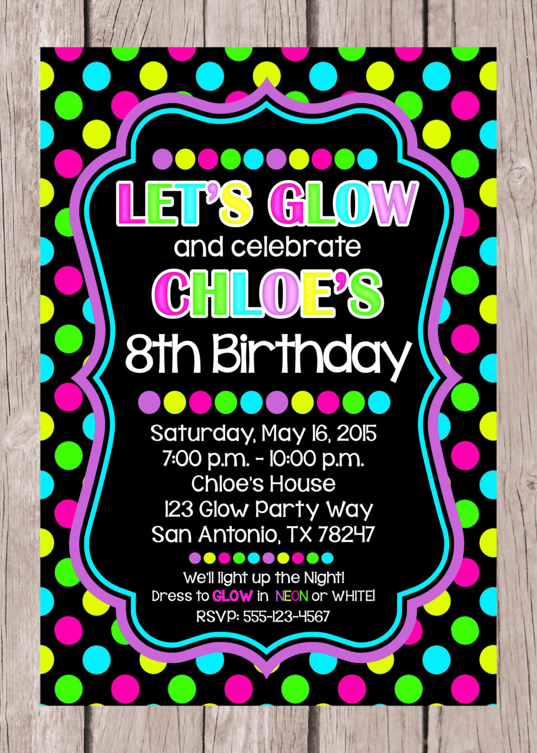 Neon Birthday Invitations
 PRINTABLE Glow Birthday Party Invitation Neon Polka Dots