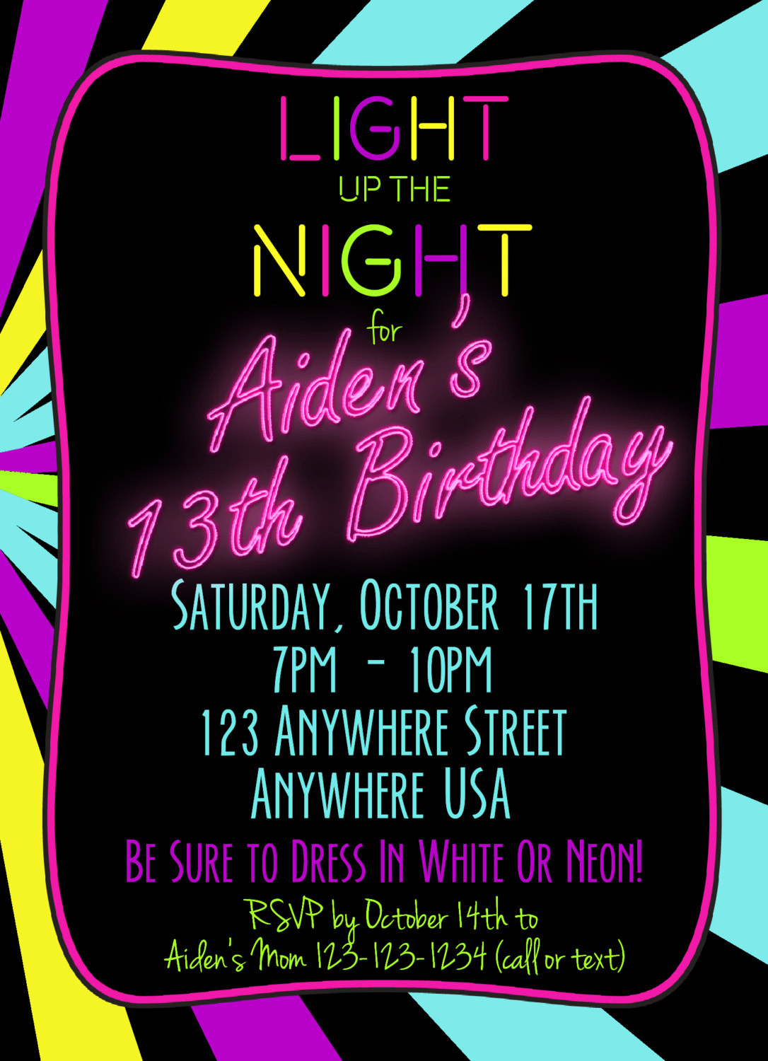 Neon Birthday Invitations
 Neon 13th Birthday Invitation Glow Party Invitation Any