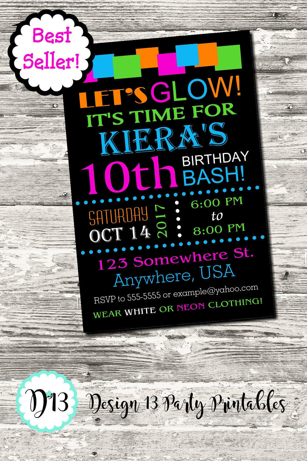 Neon Birthday Invitations
 Glow Neon Birthday Party Invitation with free Thank You