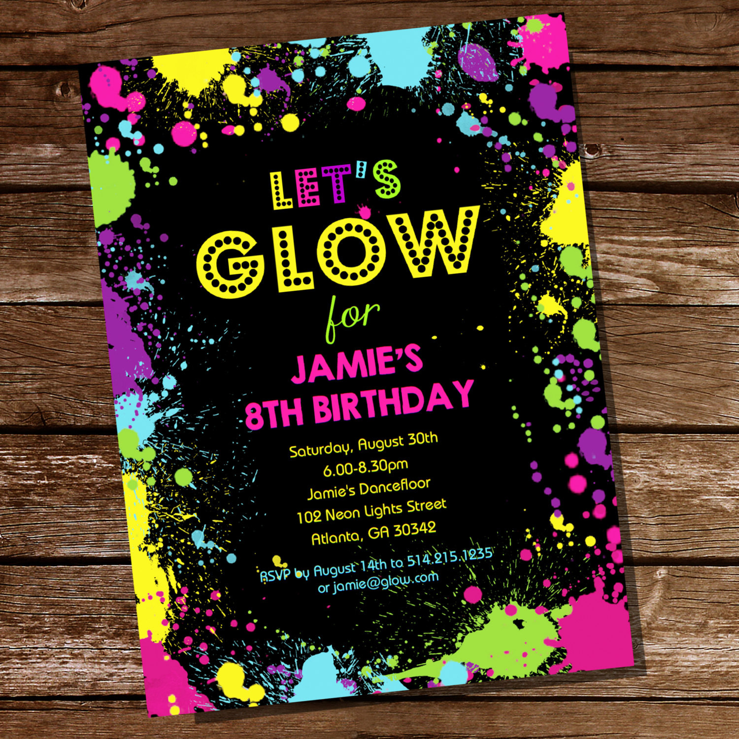 Neon Birthday Invitations
 Neon Glow Party Theme Invitation Instantly Downloadable and