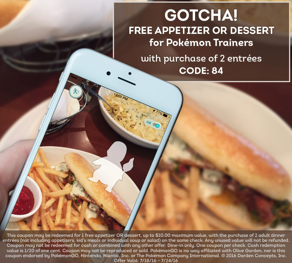 Olive Garden Appetizer Menu
 Free Appetizer or Dessert at Olive Garden with Pokemon Go