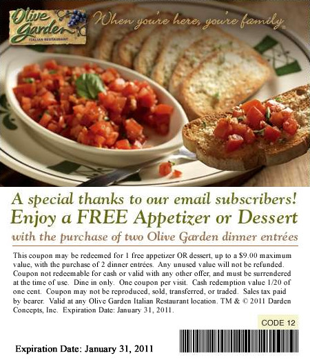 Olive Garden Free Appetizer Coupon
 Free Dessert or Appetizer at Olive Garden Who Said