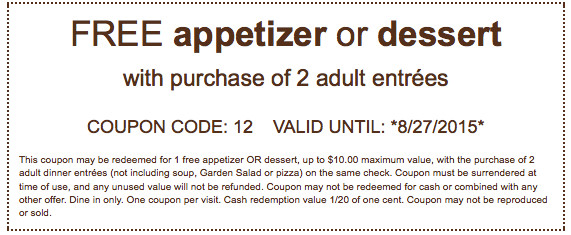 Olive Garden Free Appetizer Coupon
 Free Appetizer or Dessert with Purchase of 2 Entrees at
