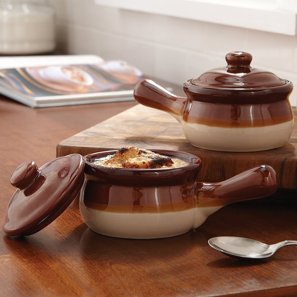 Onion Soup Bowls
 SLIGHT DAMAGE Brown ion Soup Bowls Set of 2