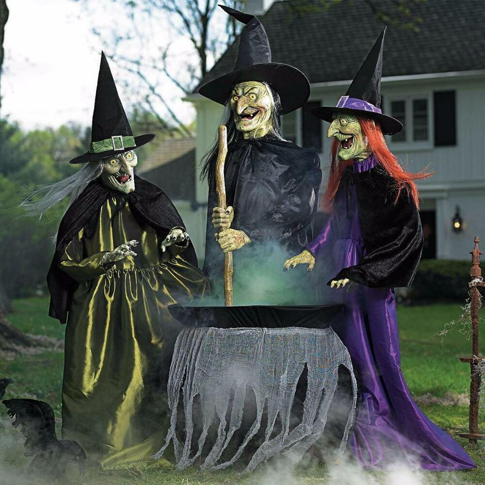 Outdoor Animated Halloween Decorations
 Set 3 Lifesize Animated Witches Coven w Cauldron Outdoor