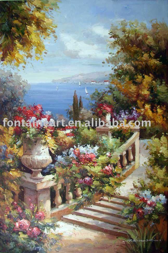 Outdoor Landscape Painting
 Handmade Impressionist French Ocean Flower Garden