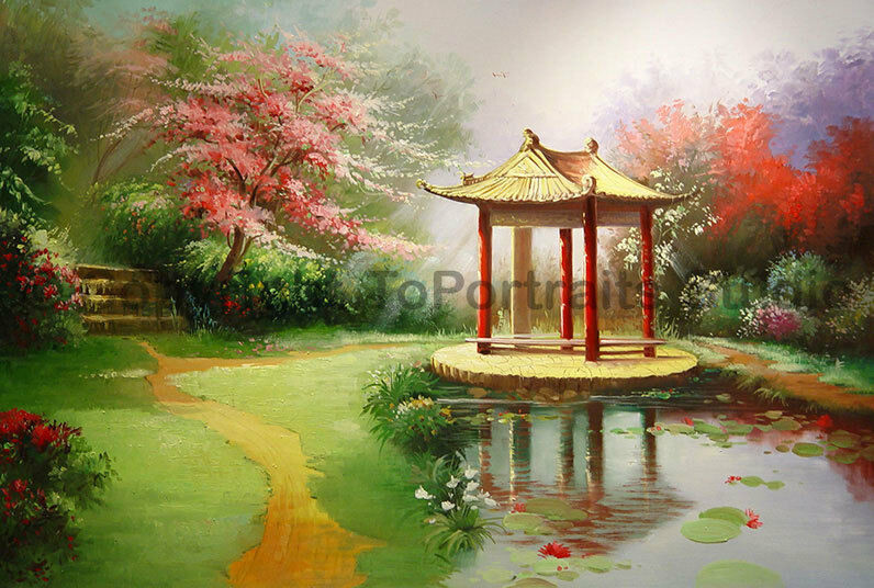 Outdoor Landscape Painting
 Japanese Gazebo Garden Original Landscape Oil Painting on