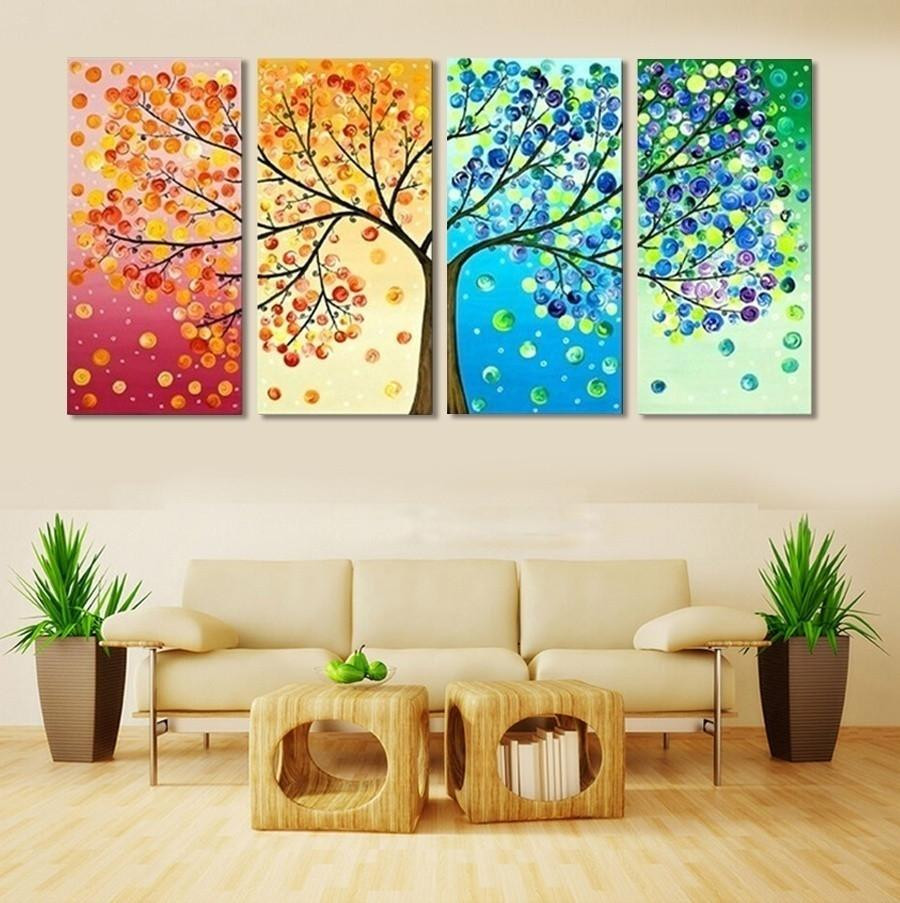 Paintings For Living Room Walls
 4 Piece Frameless Colourful Leaf Trees Canvas Painting