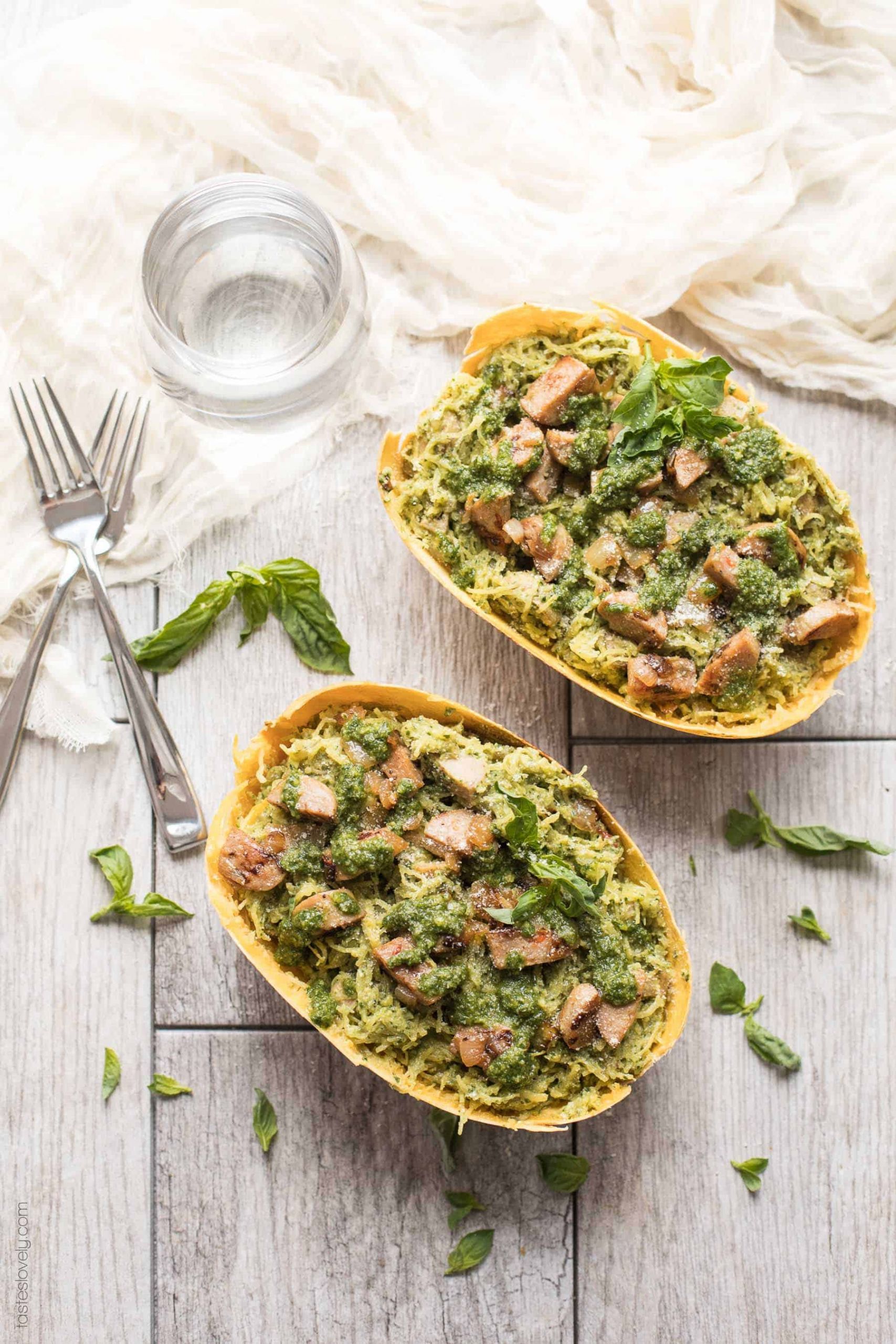 Paleo Spaghetti Squash
 Spaghetti Squash with Pesto & Sausage Paleo Whole30