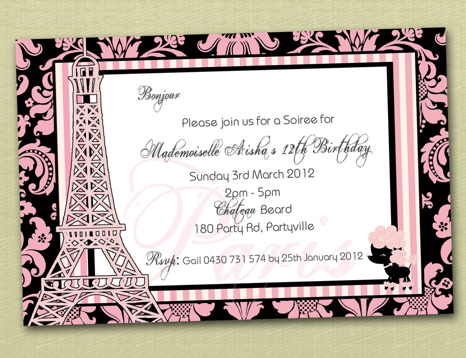 Paris Birthday Invitations
 Paris Themed Personalised Birthday Invitation YOU PRINT