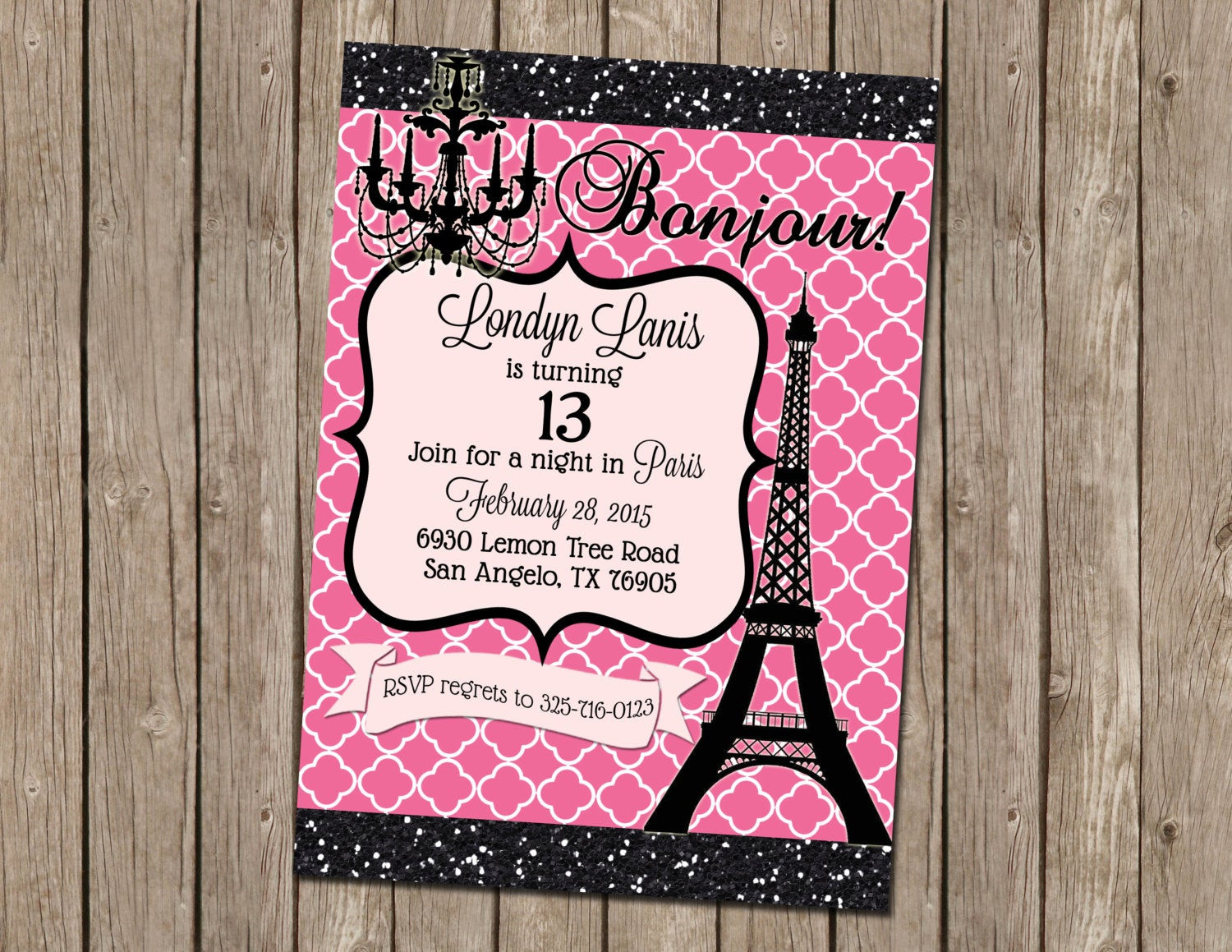 Paris Birthday Invitations
 Paris Birthday Party Invitation in Pink and Black with