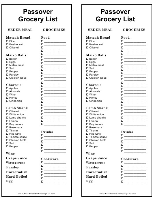 Passover Food Lists
 Passover Grocery List Template Download Printable PDF