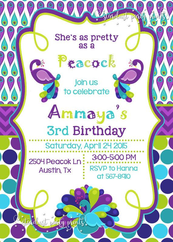 Peacock Birthday Invitations
 Peacock Birthday Invitation Peacock by StardustPartyPrints