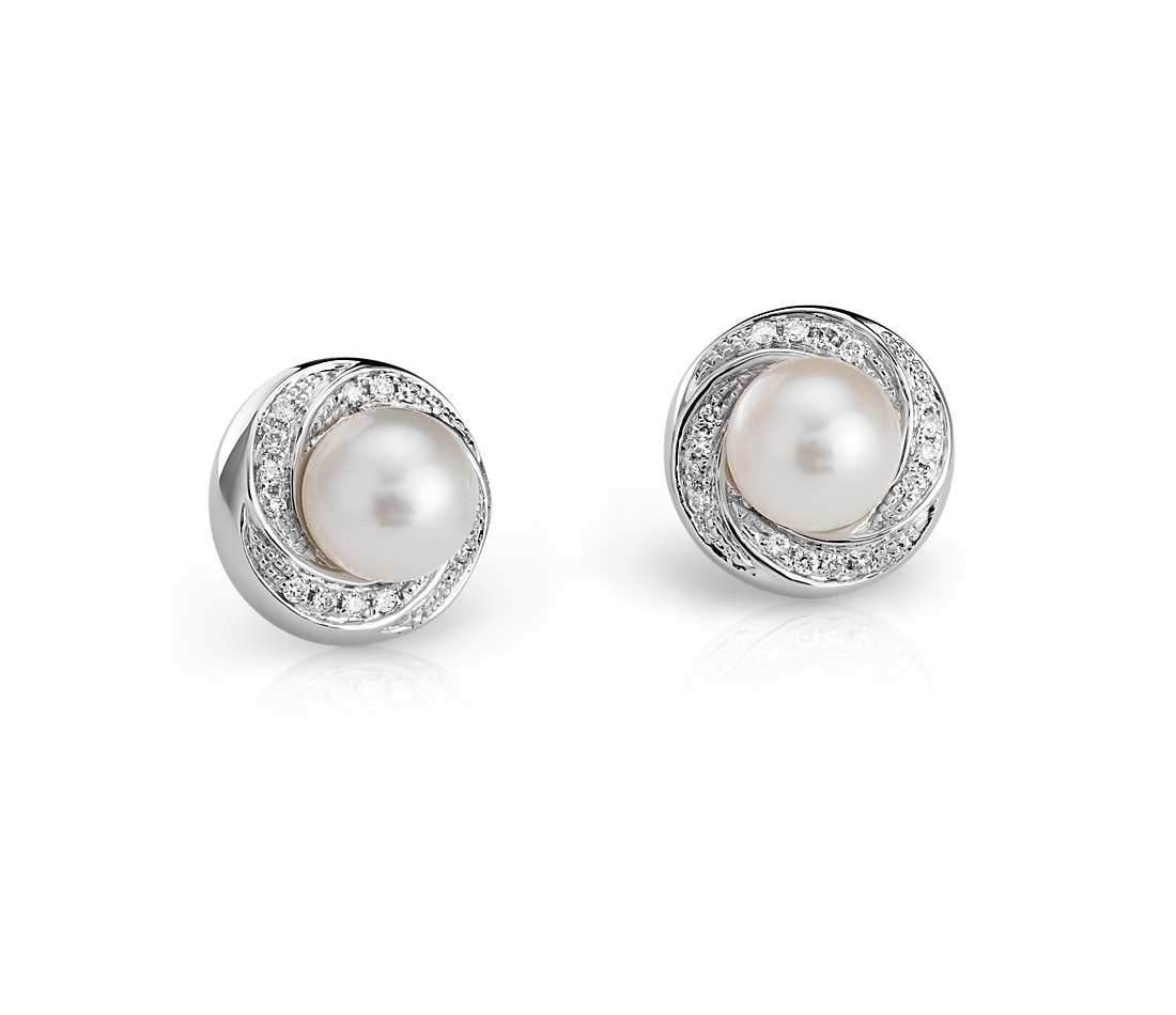 Pearl Earring Studs
 Freshwater Cultured Pearl and Diamond Stud Earrings in 14k
