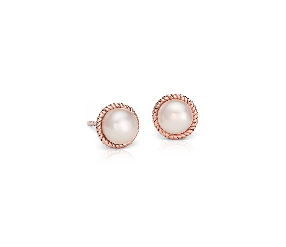 Pearl Earring Studs
 Freshwater Cultured Pearl Roped Stud Earrings in 14k Rose