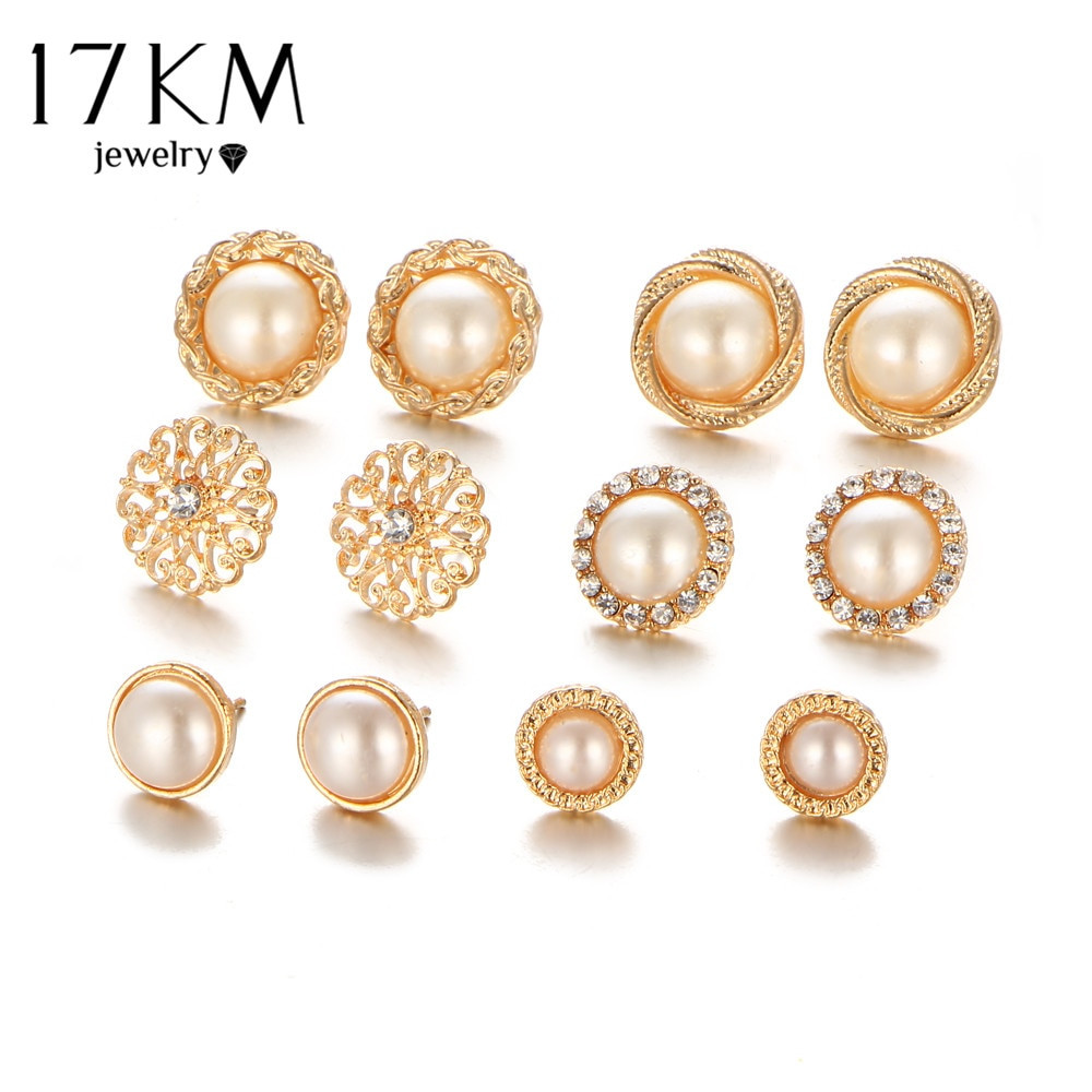 Pearl Earring Studs
 17KM Gold Color Flower Hollow Stud Earring Vintage Crystal