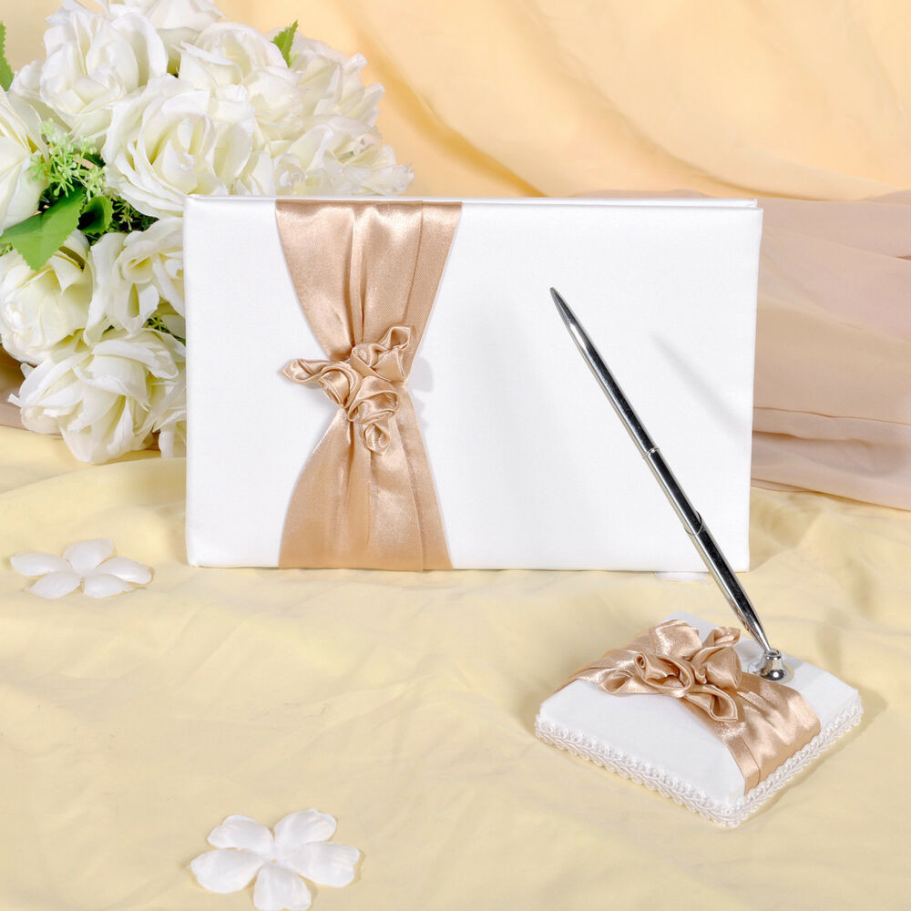 Pen For Wedding Guest Book
 GB04 Ivory with champagne Wedding Guest Book & Pen Set