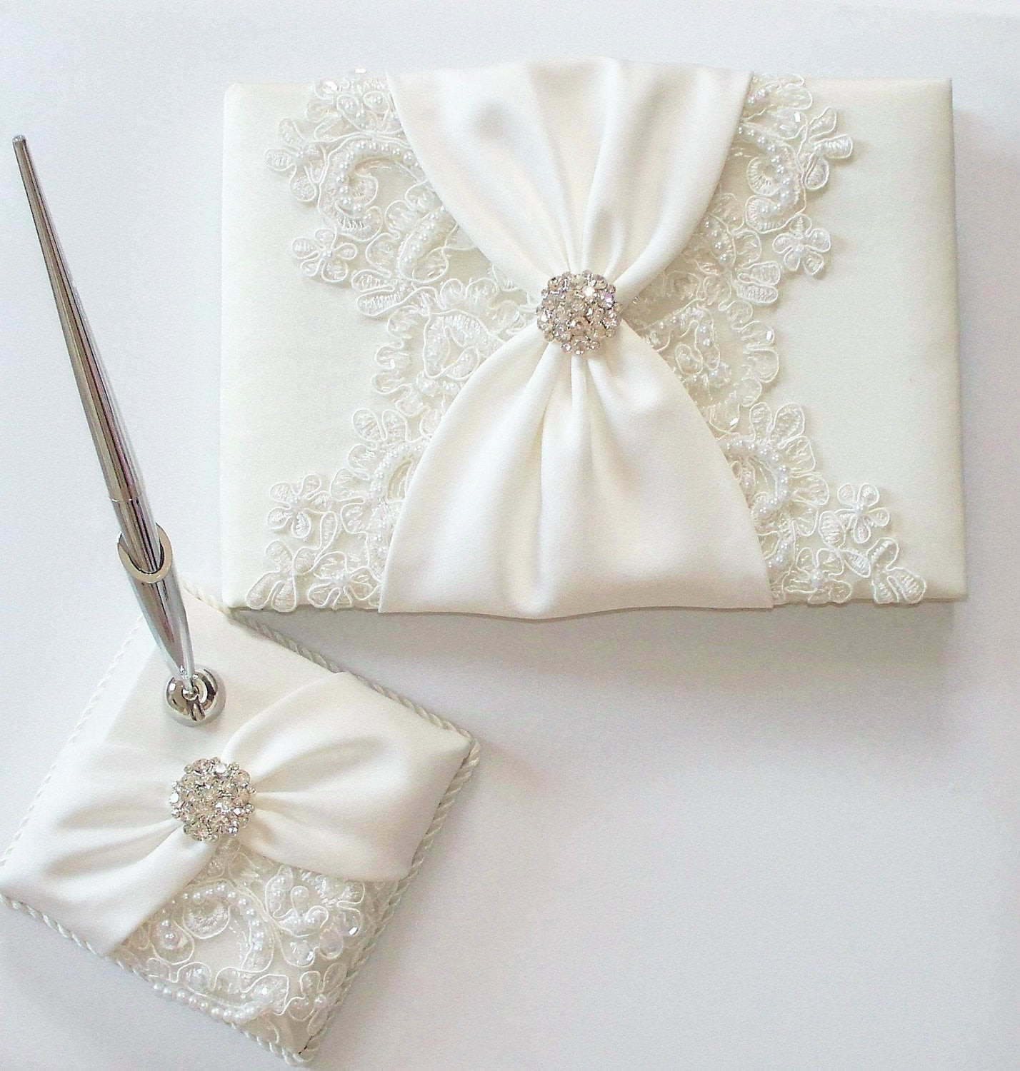 Pen For Wedding Guest Book
 Wedding Guest Book and Pen Set with Beaded Alencon Lace Ivory