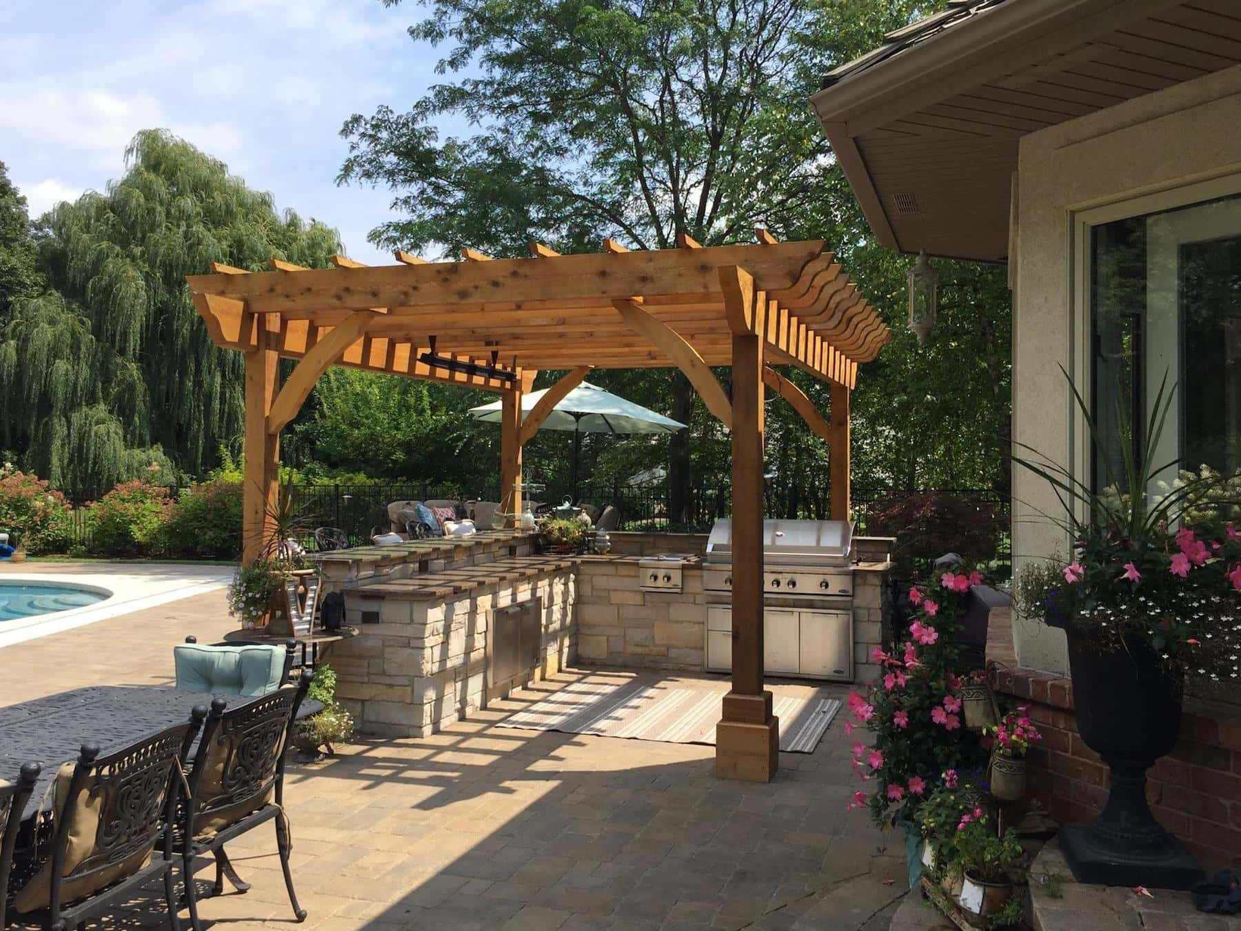 Pergola Outdoor Kitchen
 Raised Flagstone Patio Pergola & Outdoor Kitchen Green