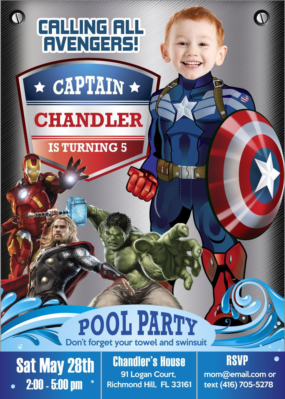 Personalized Avengers Birthday Invitations
 Captain America Pool Party Invite Pool party Avengers