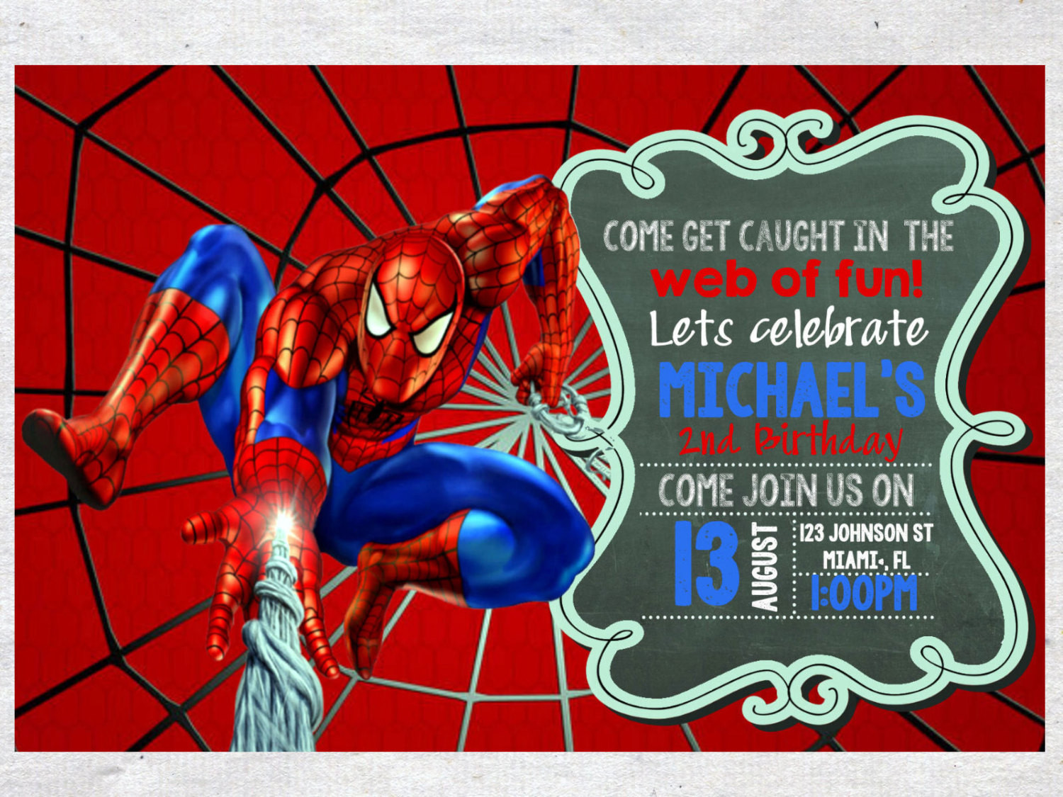 Personalized Spiderman Birthday Invitations
 Spiderman Birthday Invitation Invite Chalkboard Chevron