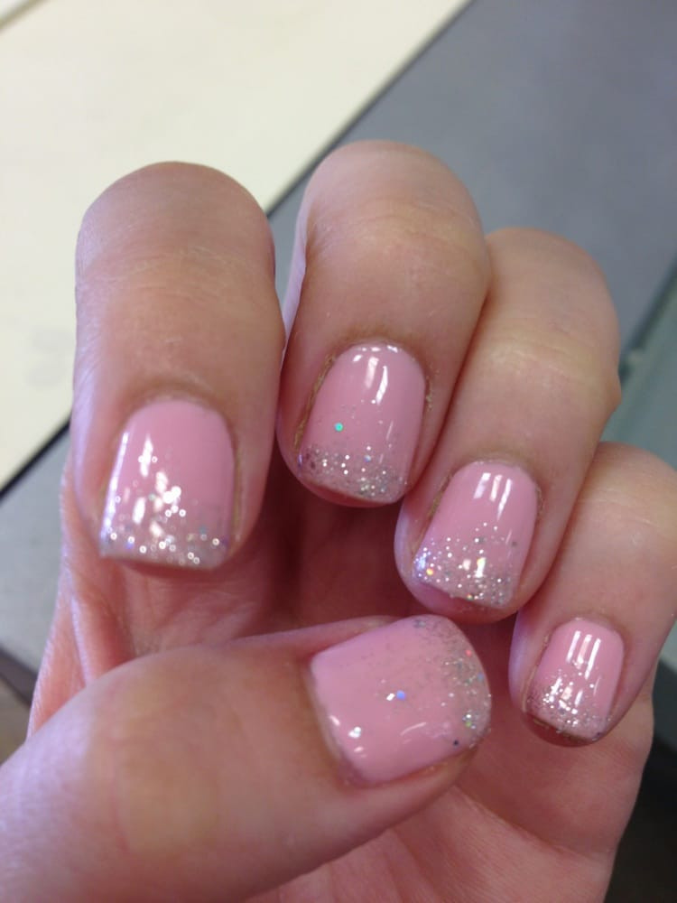 Pink And Silver Glitter Nails
 Baby pink with silver glitter Gel nails by Amy I m so in