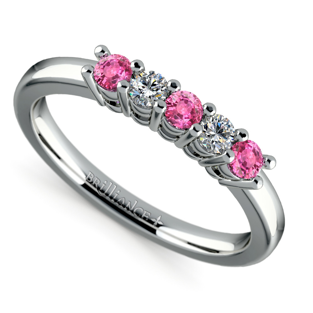 Pink Gold Wedding Band
 Five Diamond & Pink Sapphire Wedding Ring in White Gold 1