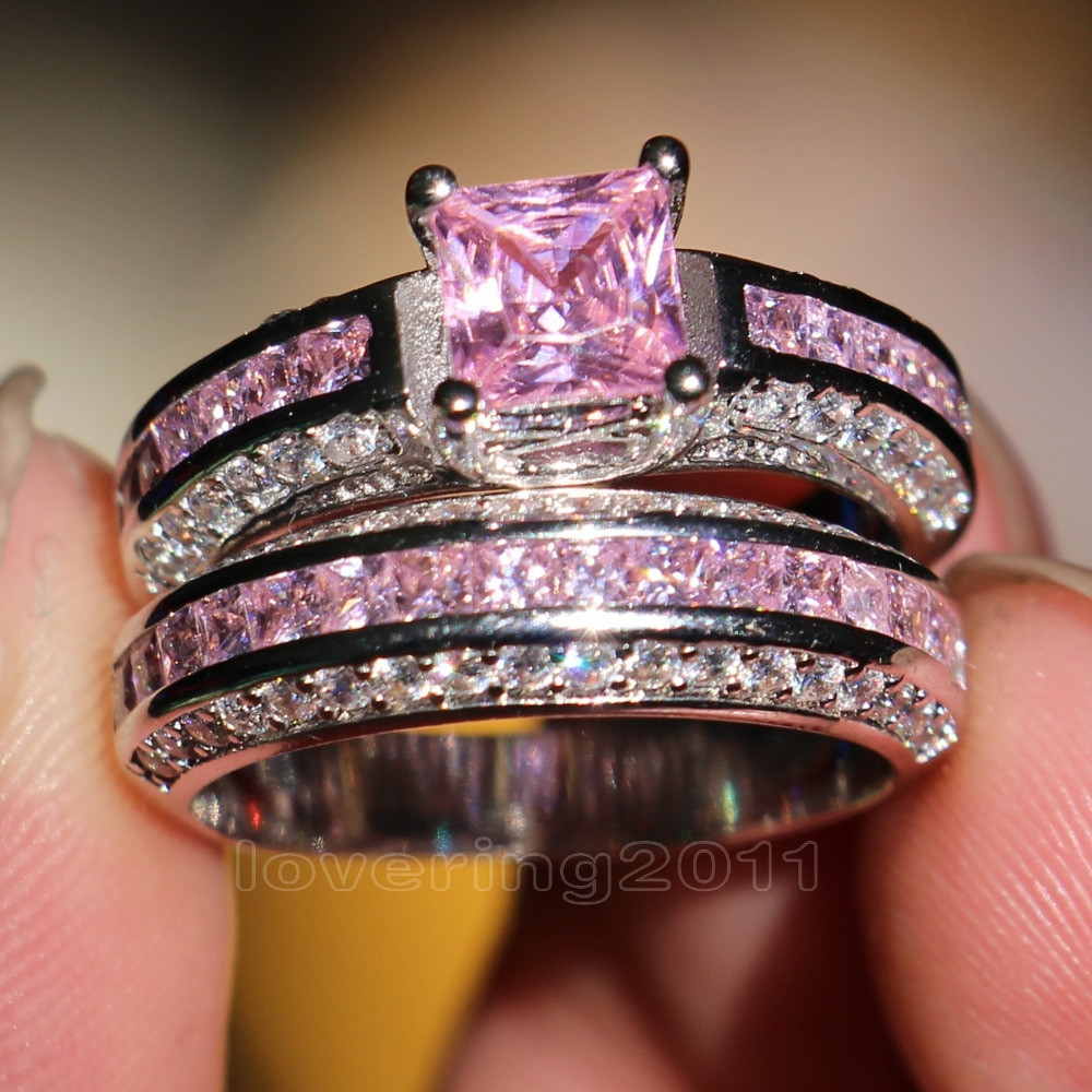 Pink Gold Wedding Band
 choucong Princess cut Pink stone 5A Zircon stone 10KT