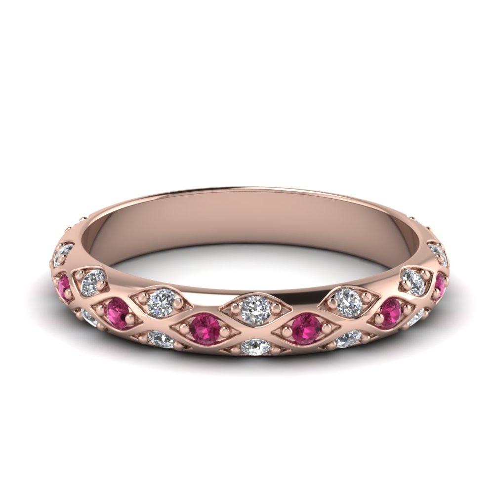 Pink Gold Wedding Band
 Pave Cross Diamond Wedding Band With Pink Sapphire In 14K