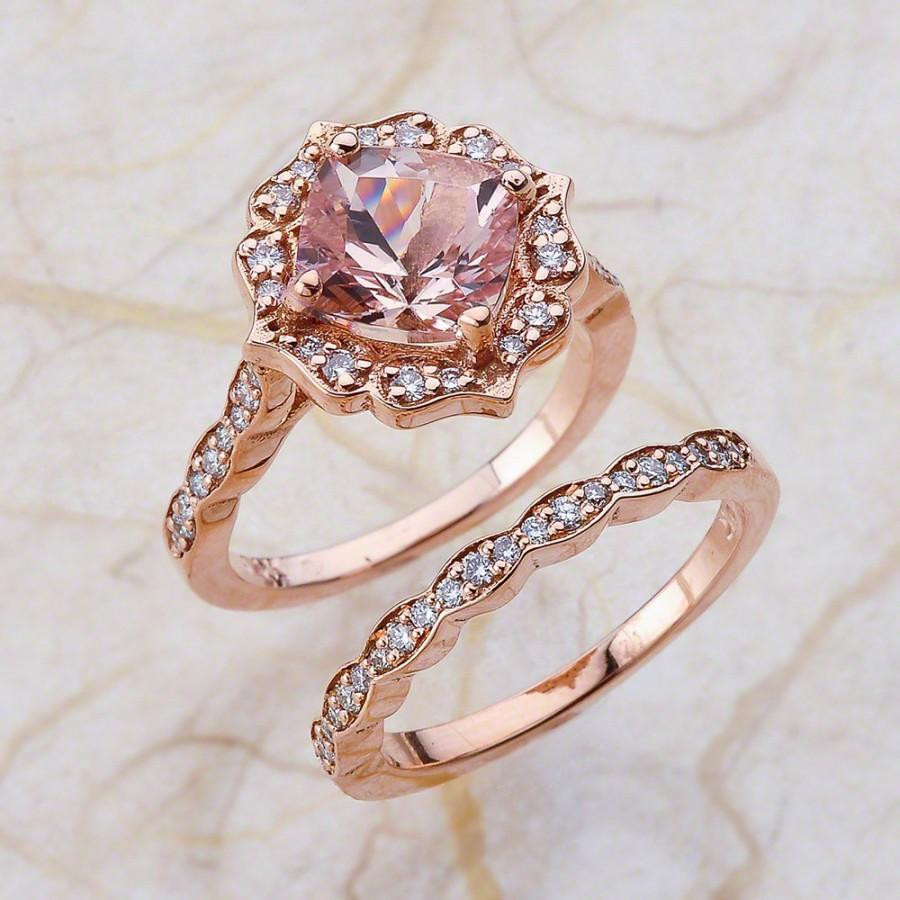 Pink Gold Wedding Band
 Vintage Bridal Set Morganite Engagement Ring And Scalloped