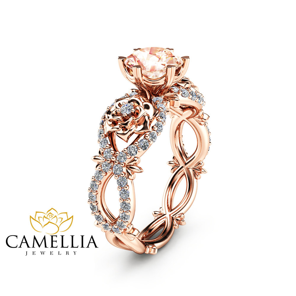 Pink Gold Wedding Band
 Peach Pink Morganite Engagement Ring in 14K Rose Gold Unique