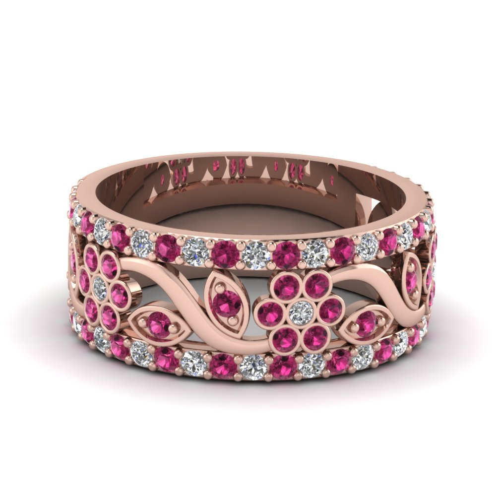 Pink Gold Wedding Band
 Flower Wide Diamond Anniversary Band With Pink Sapphire In