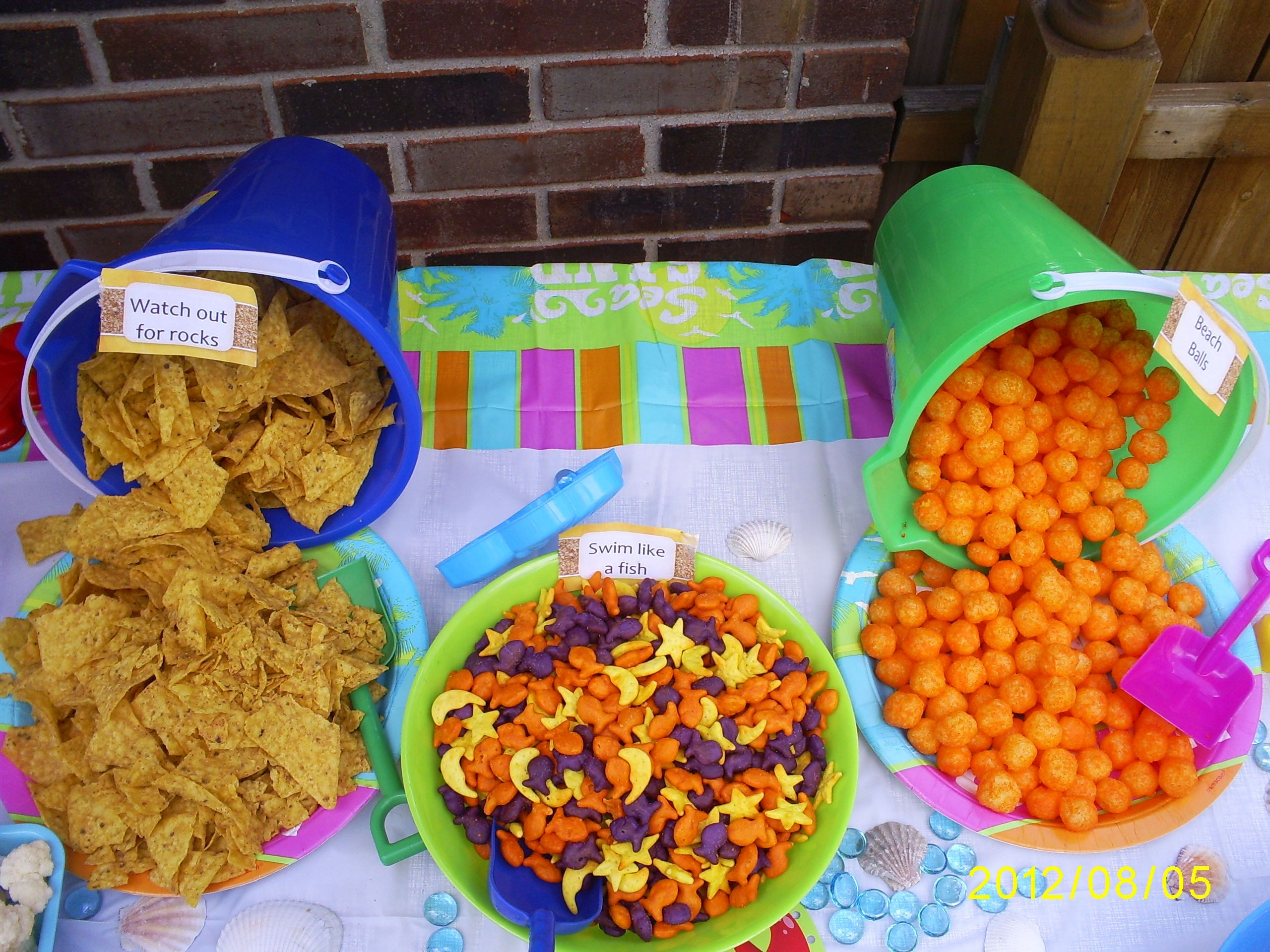 Pool Party Food Ideas For Kids
 pool party food= Doritos gold fish cheese puffs