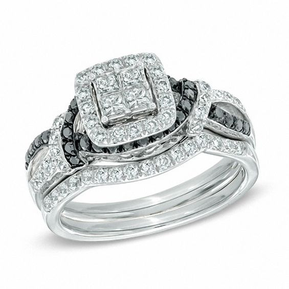 Princess Cut Diamond Bridal Sets
 1 CT T W Quad Princess Cut Enhanced Black and White