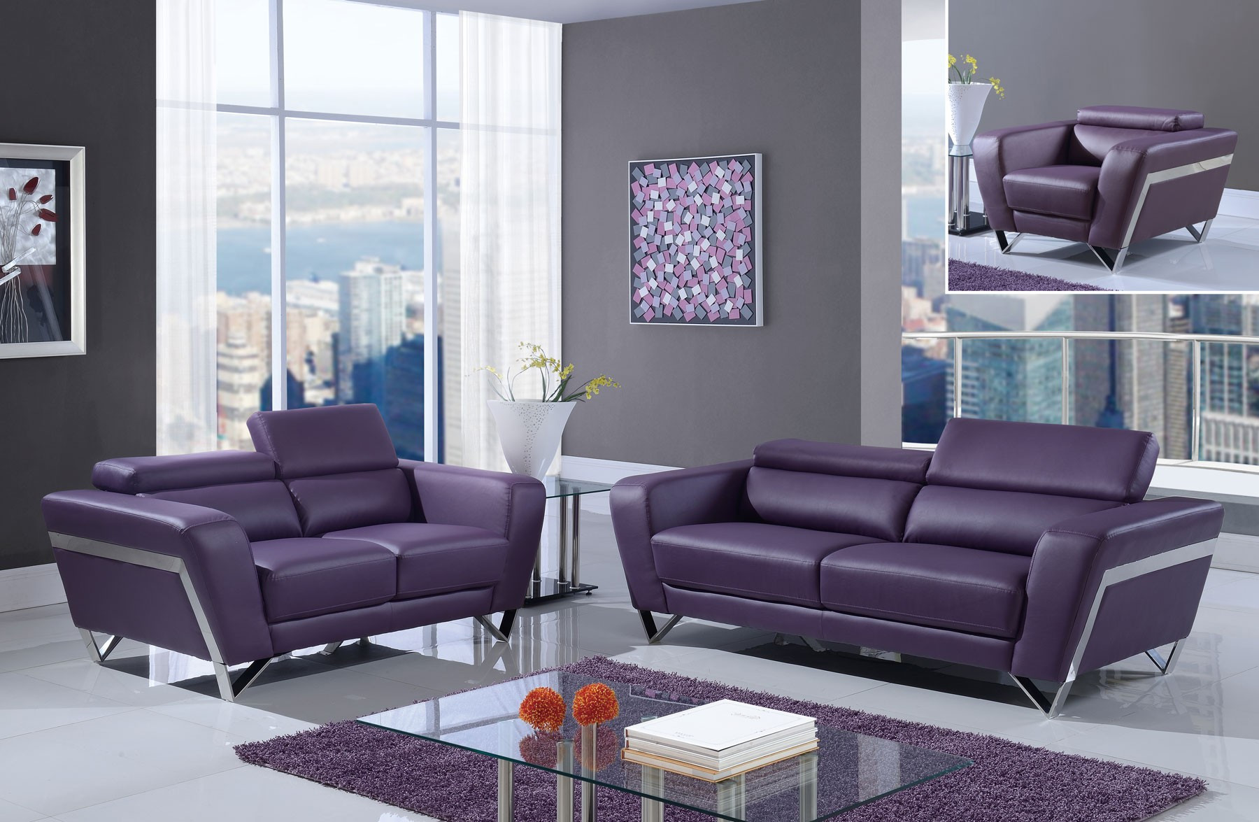 Purple Chairs Living Room
 Purple Leather Living Room Set U7120