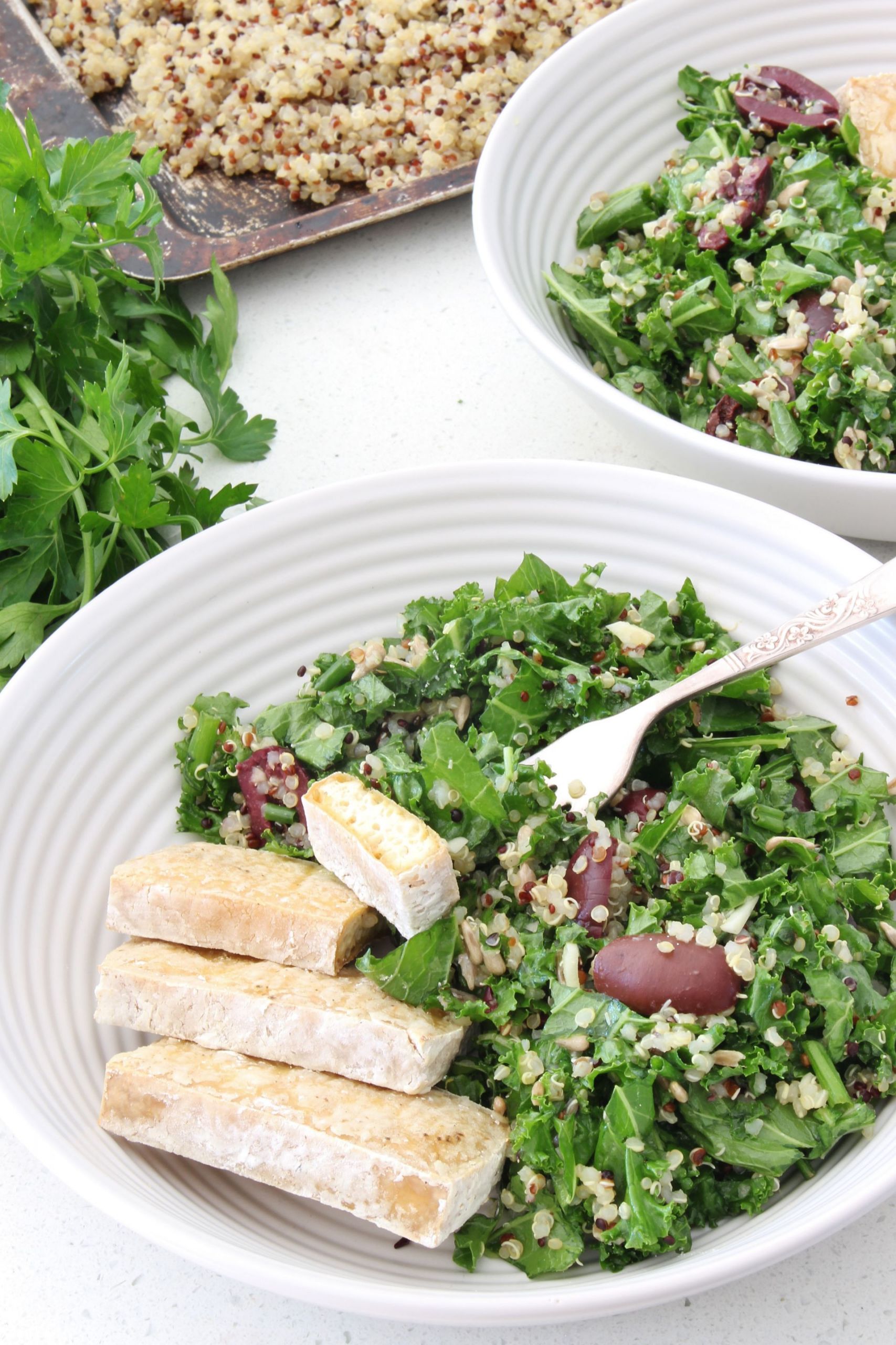 Quinoa Tofu Salad
 Olive Kale and Quinoa Salad with Crispy Baked Tofu