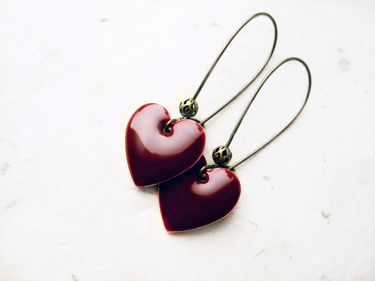 Red Heart Earrings
 Red Heart Earrings Dark Cherry Earrings Red Dangle Earrings