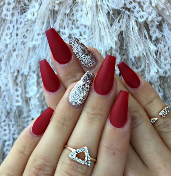 Red Nails With Silver Glitter
 20 Nail Design And Art Ideas For Coffin Nails Styleoholic