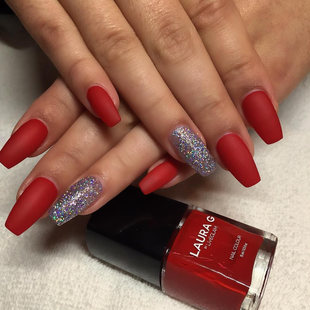 Red Nails With Silver Glitter
 Holiday Red and Silver Glitter Long Coffin Nails nail