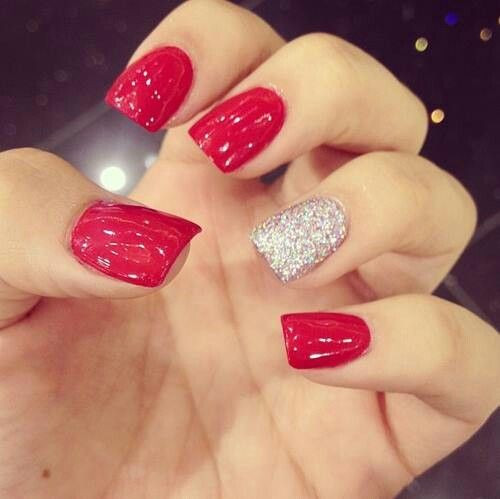Red Nails With Silver Glitter
 Red and Silver Glitter Nails Lovely Nails