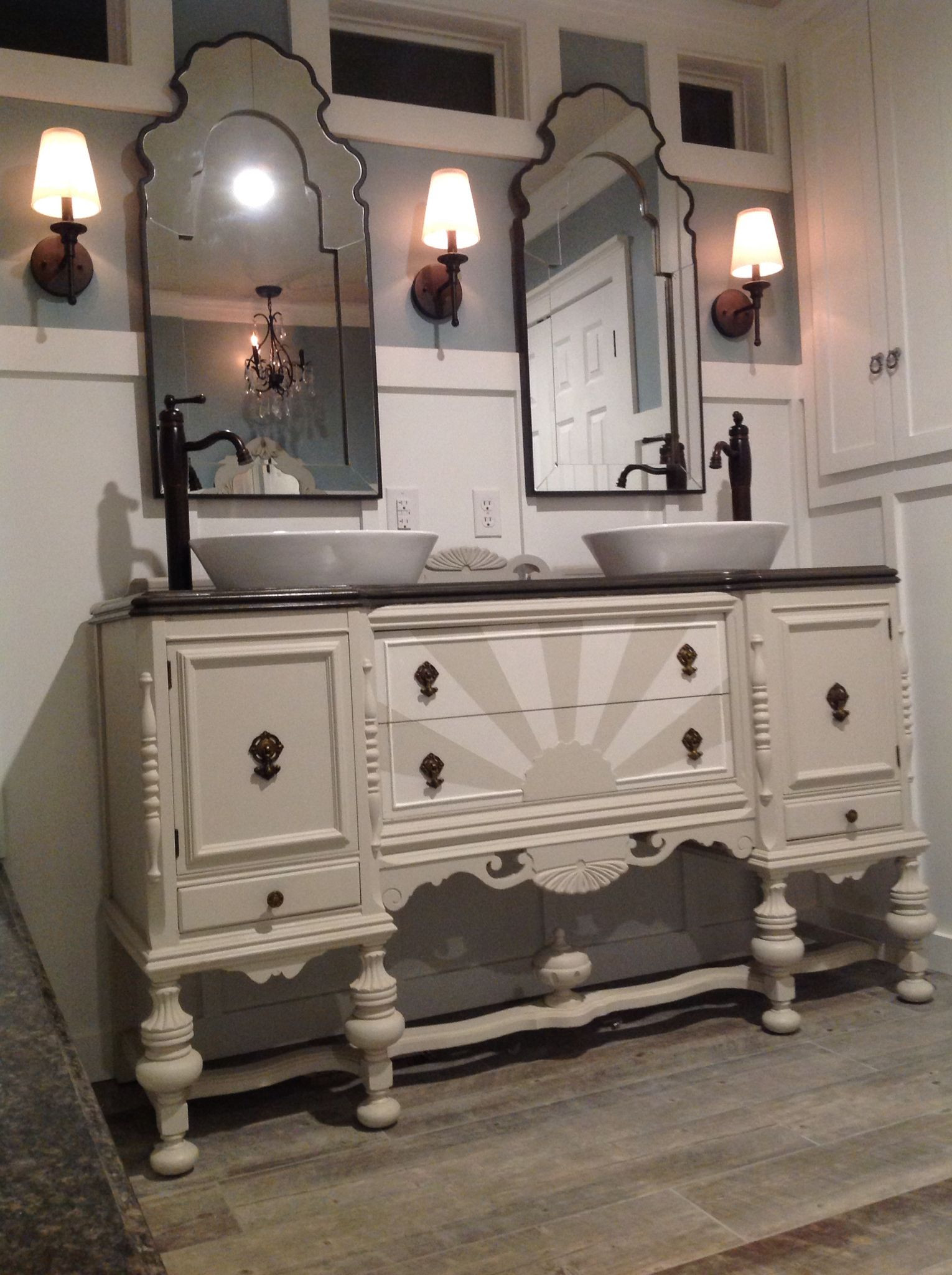 Repurposed Bathroom Vanities
 Our antique sideboard buffet repurposed into a bathroom