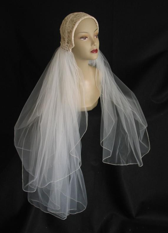 Retro Wedding Veils
 Vintage 1950s Wedding Beaded Lace Juliet Cap Headpiece Veil