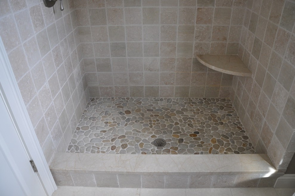 Rock Tile Bathroom
 river rock tile bathroom transitional with shower bench