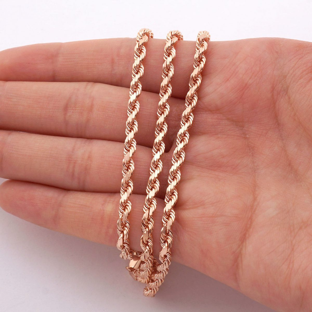 Rose Gold Chain Necklace
 Solid 14k Rose Gold Diamond Cut Rope Chain Necklace 2mm